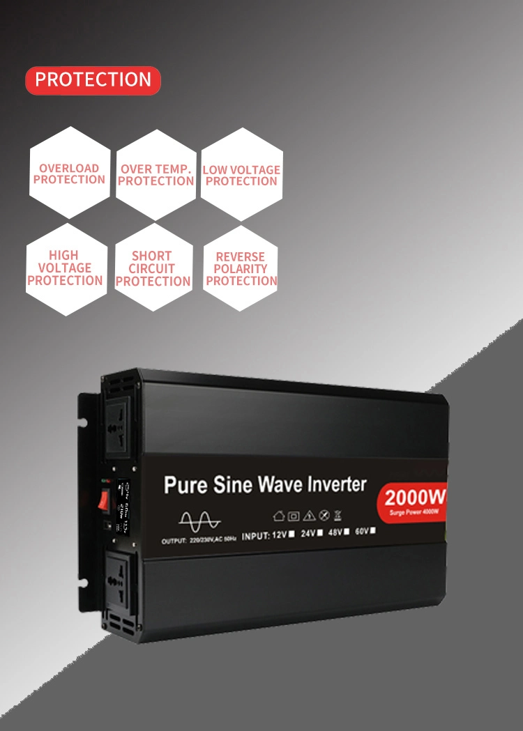 2000W 12V/24V/48V DC to AC 110V/220V/230V Pure Sine Wave Solar Power Inverter